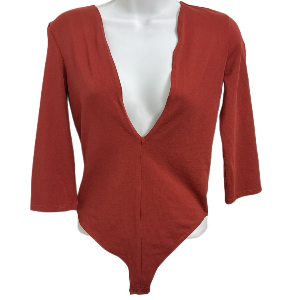 Express Plunge V-Neck Long Sleeve Cotton Sexy Bodysuit Rust Size S